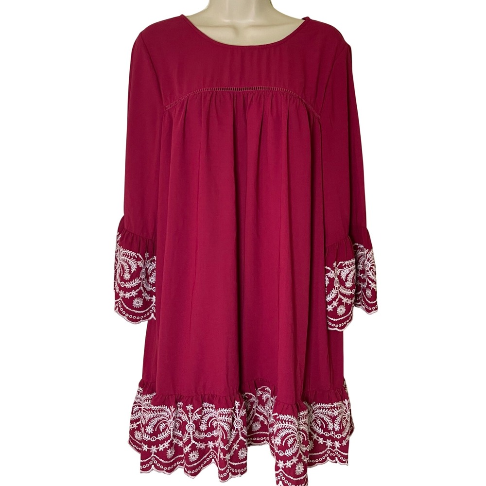 Entro Embroidered‎ Dress Bell Sleeve Tunic Small Burgundy Floral Boho Casual